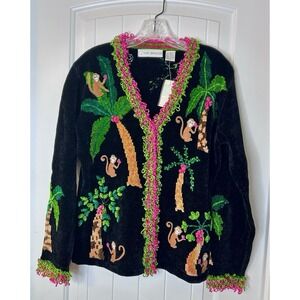 That Sweater Womens Monkey Chenille‎ Art To Wear Sweater Size M Black Funky Fun